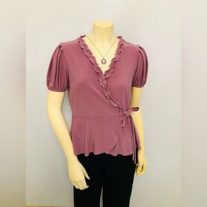 AUW Mauve Ruffle Wrap Blouse with Puff Sleeves